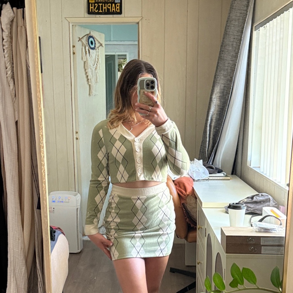 Green Argyle Knit Cardigan and Skirt Set